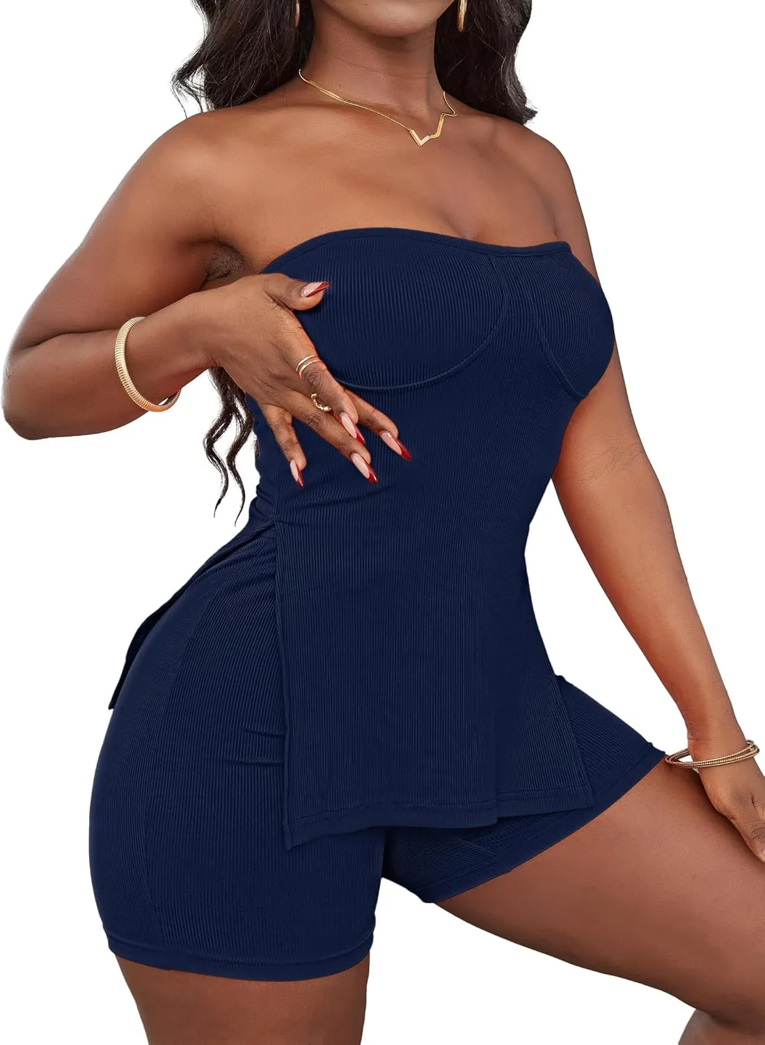 LovelyWholesale Shorts Sets Women Two Piece Outfits Split Ribbed Tube Tops and Shorts Matching Sets