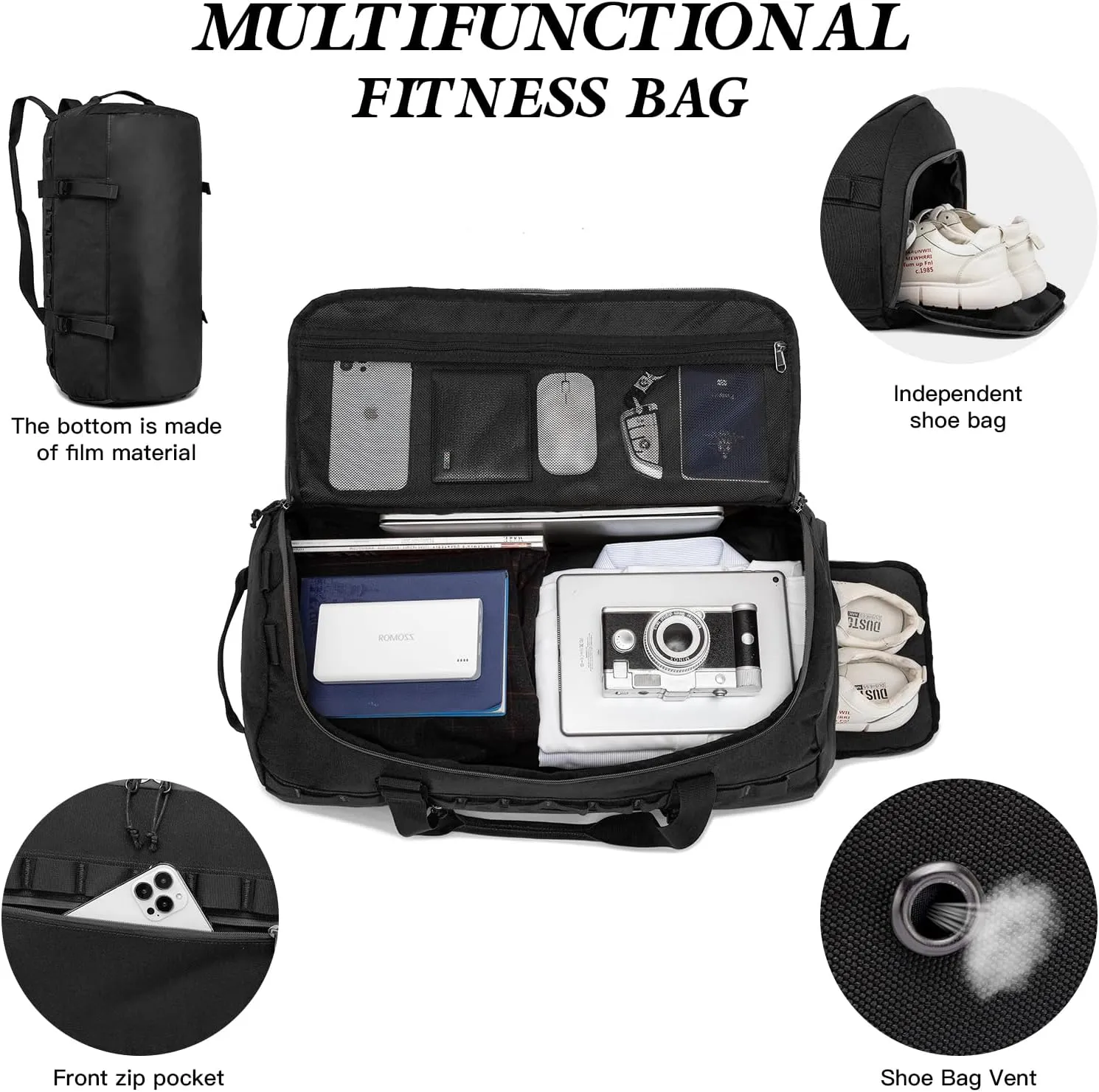 Lyweem Travel Duffle Bag for Men 60L Sports Duffel Bag Large Size Weekender Overnight Bag for Women Multifunctional Unisex Gym Bags with Shoes Compartment, Tactical-Black, 60L-molle, Traveling,