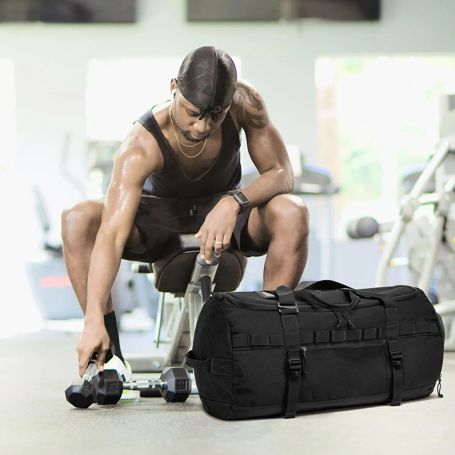 Lyweem Travel Duffle Bag for Men 60L Sports Duffel Bag Large Size Weekender Overnight Bag for Women Multifunctional Unisex Gym Bags with Shoes Compartment, Tactical-Black, 60L-molle, Traveling,