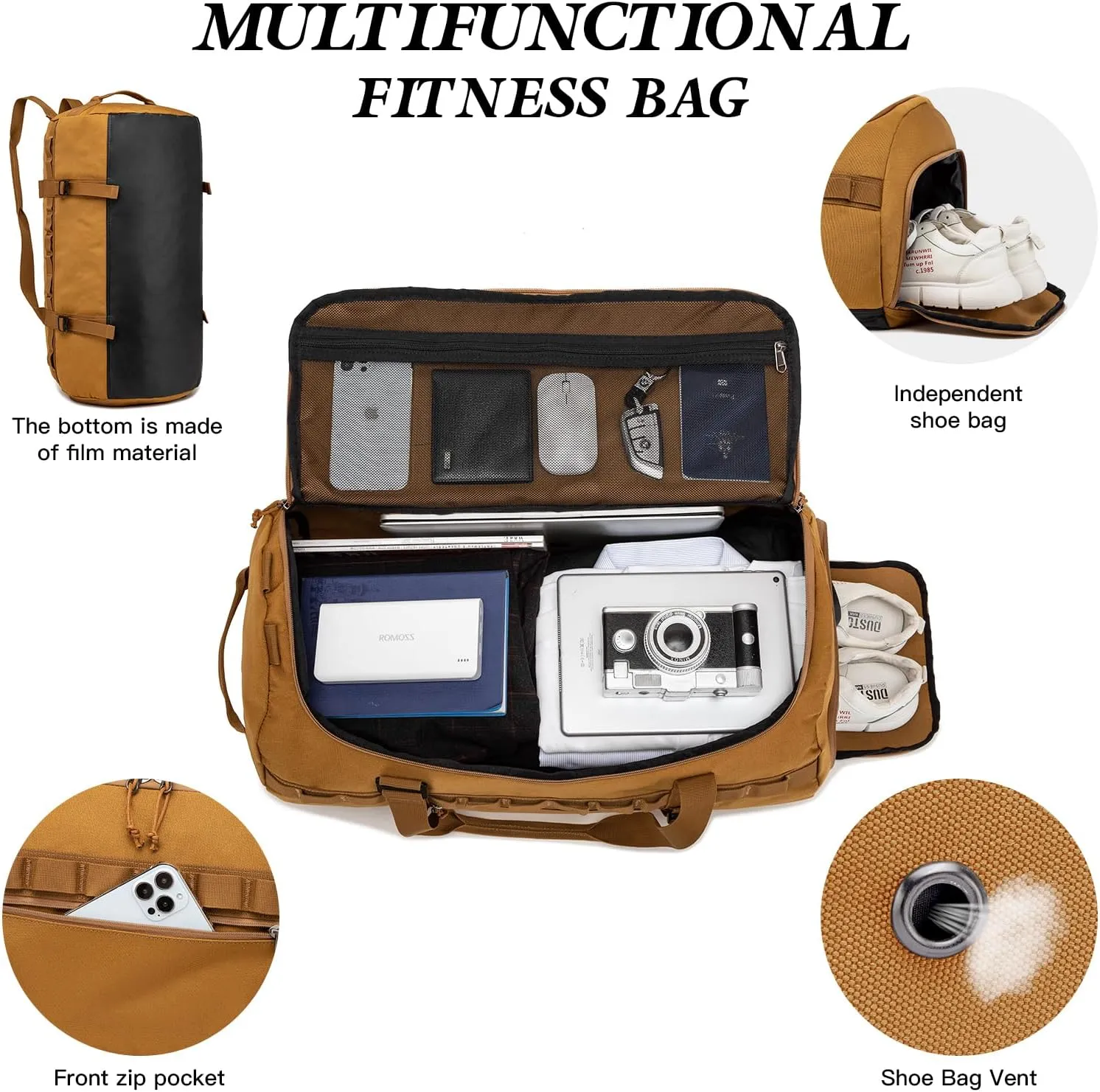Lyweem Travel Duffle Bag for Men 60L Sports Duffel Bag Large Size Weekender Overnight Bag for Women Multifunctional Unisex Gym Bags with Shoes Compartment, Tactical-Brown, 60L-molle, Traveling,