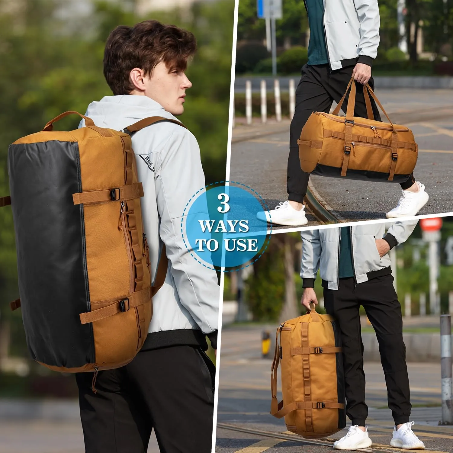 Lyweem Travel Duffle Bag for Men 60L Sports Duffel Bag Large Size Weekender Overnight Bag for Women Multifunctional Unisex Gym Bags with Shoes Compartment, Tactical-Brown, 60L-molle, Traveling,