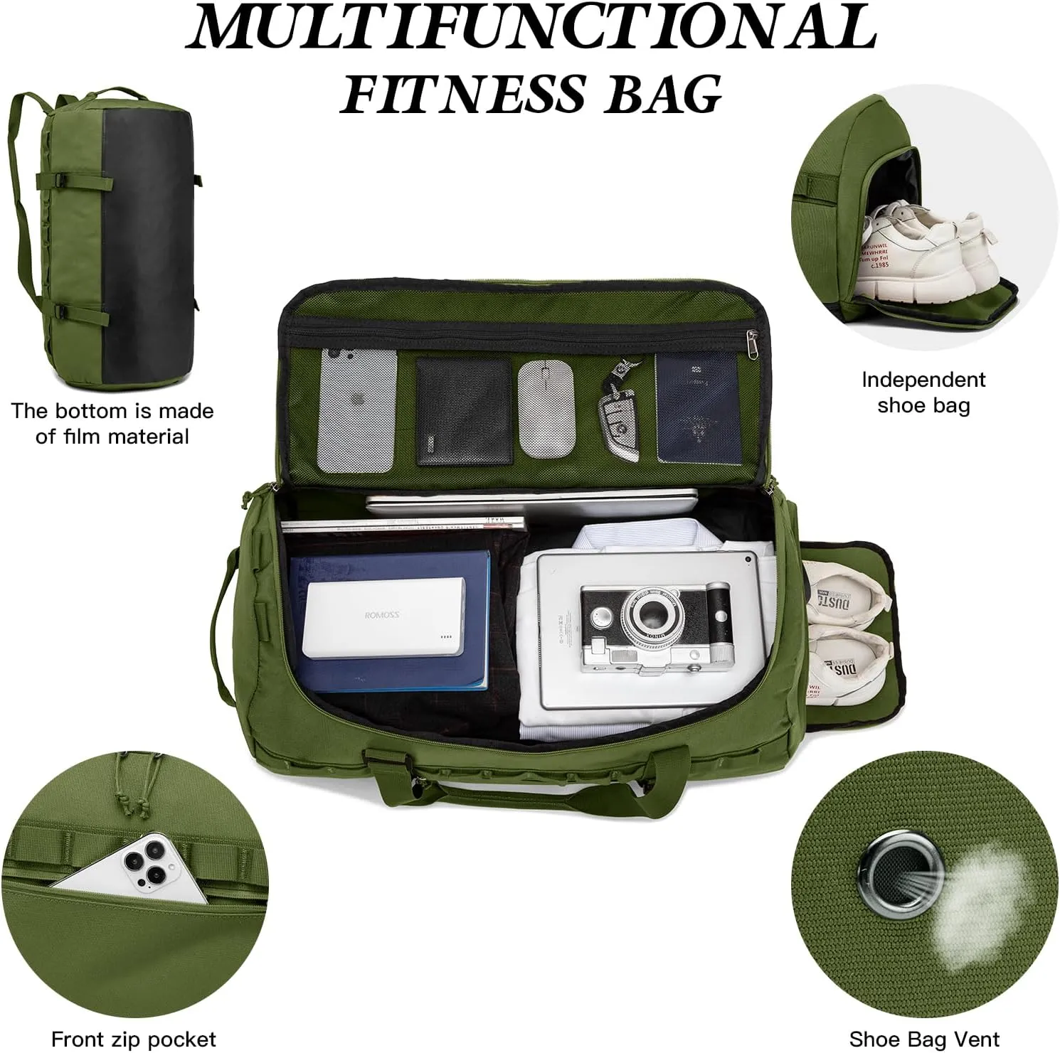 Lyweem Travel Duffle Bag for Men 60L Sports Duffel Bag Large Size Weekender Overnight Bag for Women Multifunctional Unisex Gym Bags with Shoes Compartment, Tactical-Green, 60L-molle
