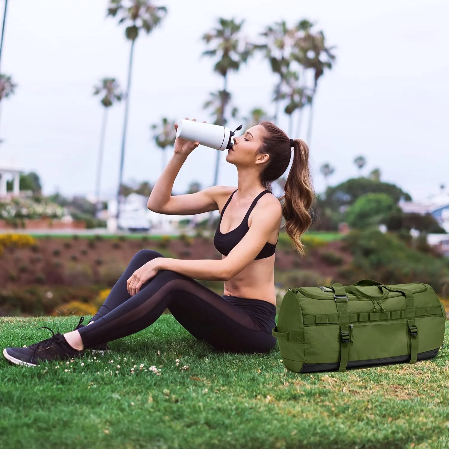 Lyweem Travel Duffle Bag for Men 60L Sports Duffel Bag Large Size Weekender Overnight Bag for Women Multifunctional Unisex Gym Bags with Shoes Compartment, Tactical-Green, 60L-molle