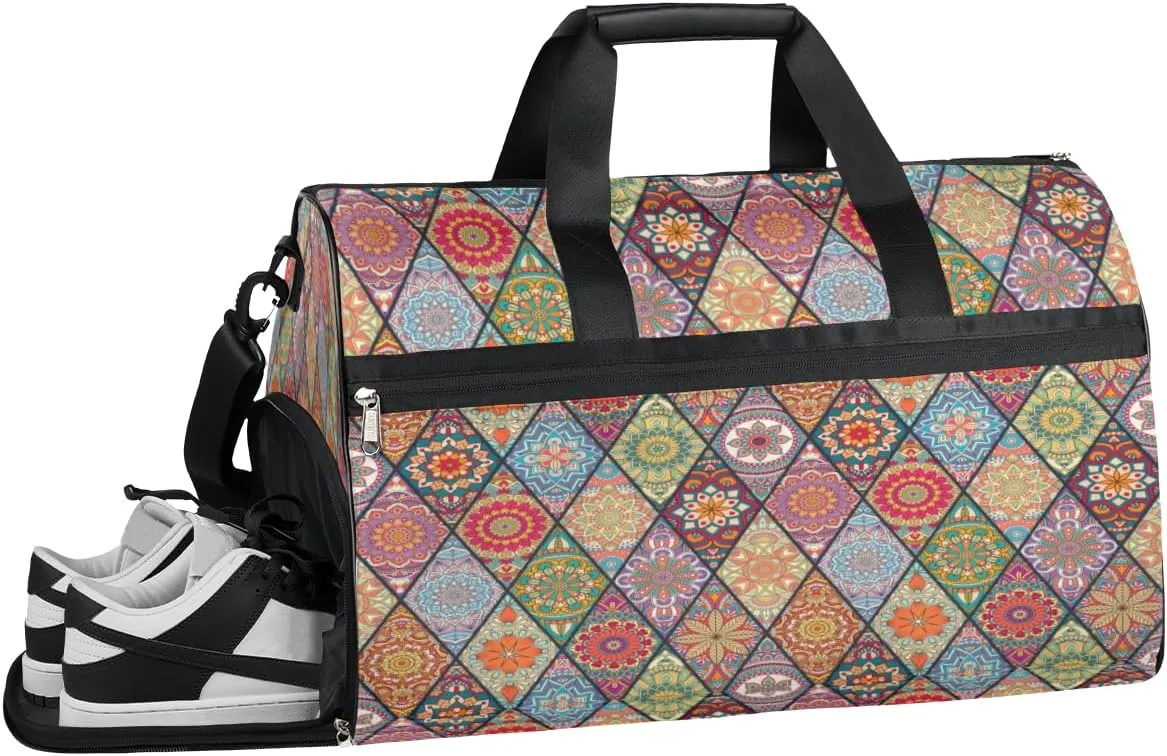 Mandala Geometric Sports Gym Bag for Women and Men Travel Duffel Bag Boho Overnight Shoulder Bag Waterproof Workout Bag Portable Sports Tote with Shoes Compartment
