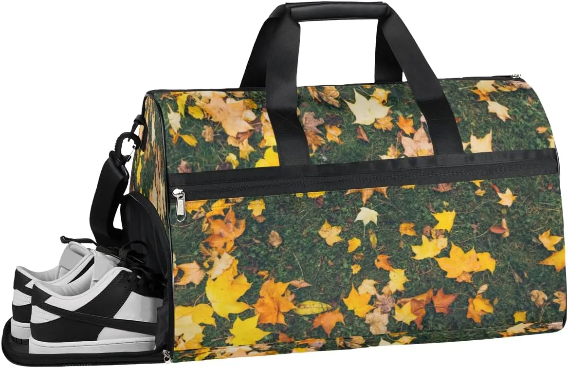 Maple Leaf Leaves Pattern Resistant Sports Gym Bag for Women Men Travel Duffel bag with Wet Pocket & Shoes Compartment Waterproof Weekender Bag 19.7"x9.9"x13"
