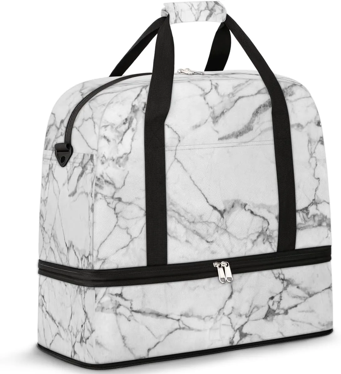 Marble Travel Duffel Bag for Women Men, Grey Marble Sports Gym Bag with Shoes Compartment Foldable Overnight Bag Weekender Tote Workout Carry On Luggage Bag