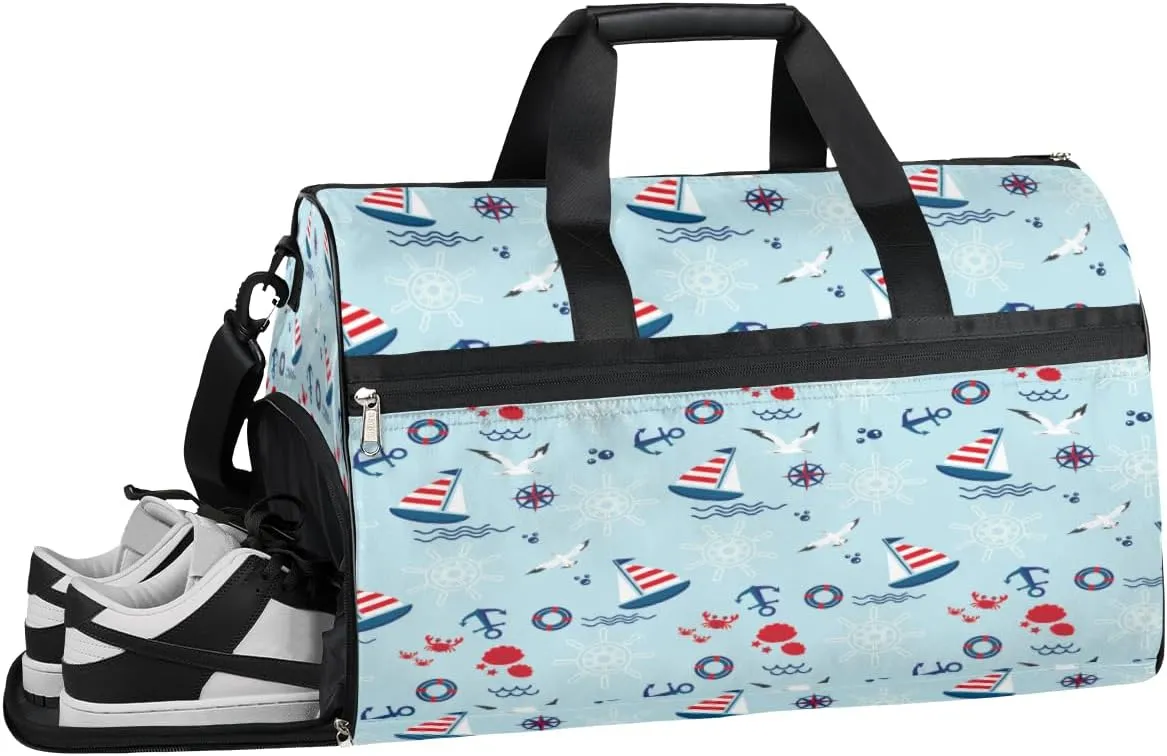 Marine Anchor Print Sports Gym Bag with Wet Pocket & Shoes Compartment Waterproof Workout Duffel Bag for Women and Men Weekender Overnight Duffle Bag Travel Carry-on Tote