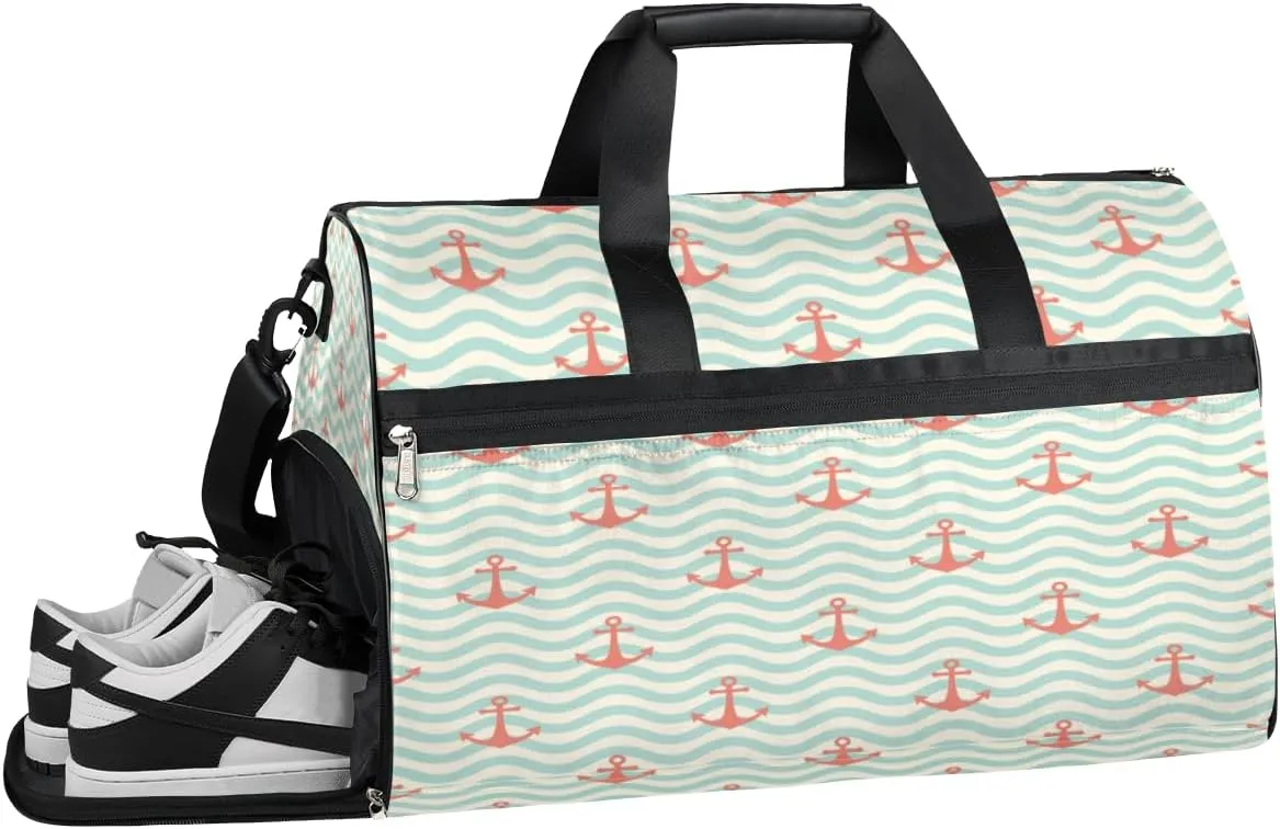 Marine Anchor Sports Gym Bag with Wet Pocket & Shoes Compartment Waterproof Workout Duffel Bag for Women and Men Weekender Overnight Duffle Bag Travel Carry-on Tote