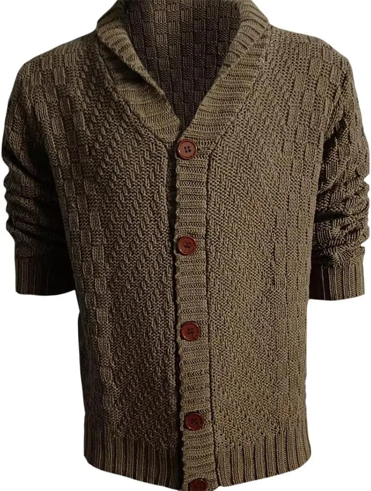 Mens Lapel Chunky Knit Cardigan Sweater Vintage Long Sleeve Button Down Sweater Business Gentleman Long Sleeve Tops
