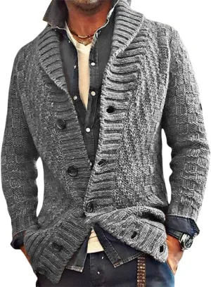 Mens Lapel Chunky Knit Cardigan Sweater Vintage Long Sleeve Button Down Sweater Business Gentleman Long Sleeve Tops