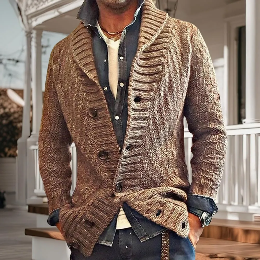 Mens Lapel Chunky Knit Cardigan Sweater Vintage Long Sleeve Button Down Sweater Business Gentleman Long Sleeve Tops