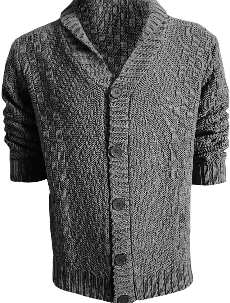 Mens Lapel Chunky Knit Cardigan Sweater Vintage Long Sleeve Button Down Sweater Business Gentleman Long Sleeve Tops