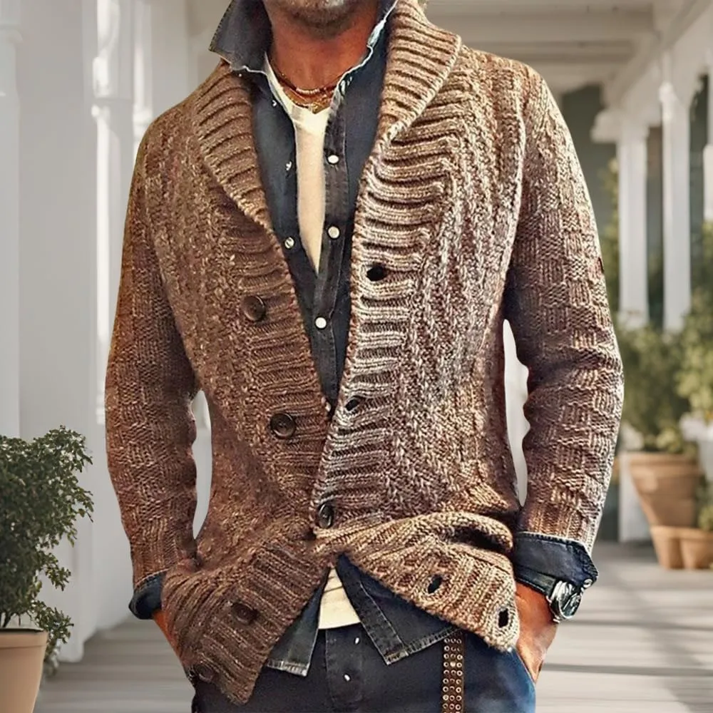 Mens Lapel Chunky Knit Cardigan Sweater Vintage Long Sleeve Button Down Sweater Business Gentleman Long Sleeve Tops