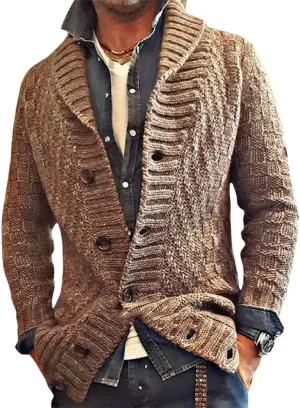 Mens Lapel Chunky Knit Cardigan Sweater Vintage Long Sleeve Button Down Sweater Business Gentleman Long Sleeve Tops