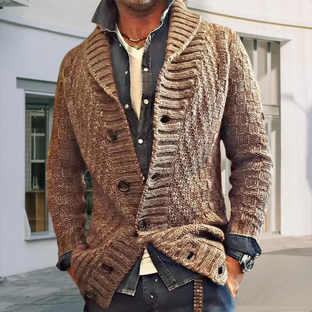 Mens Lapel Chunky Knit Cardigan Sweater Vintage Long Sleeve Button Down Sweater Business Gentleman Long Sleeve Tops
