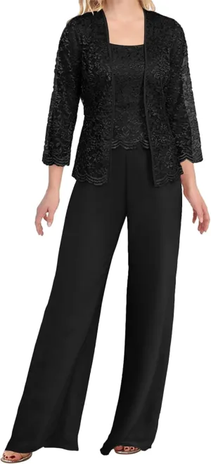 Mother of The Bride Pants Suits 3 Pieces Evening Formal Dresses for Wedding Guest Groom Dress Lace Jacket Women's