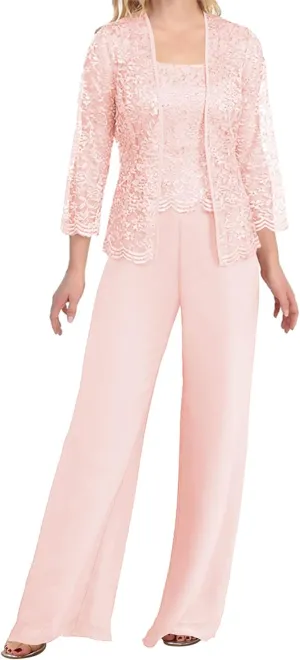 Mother of The Bride Pants Suits 3 Pieces Evening Formal Dresses for Wedding Guest Groom Dress Lace Jacket Women's
