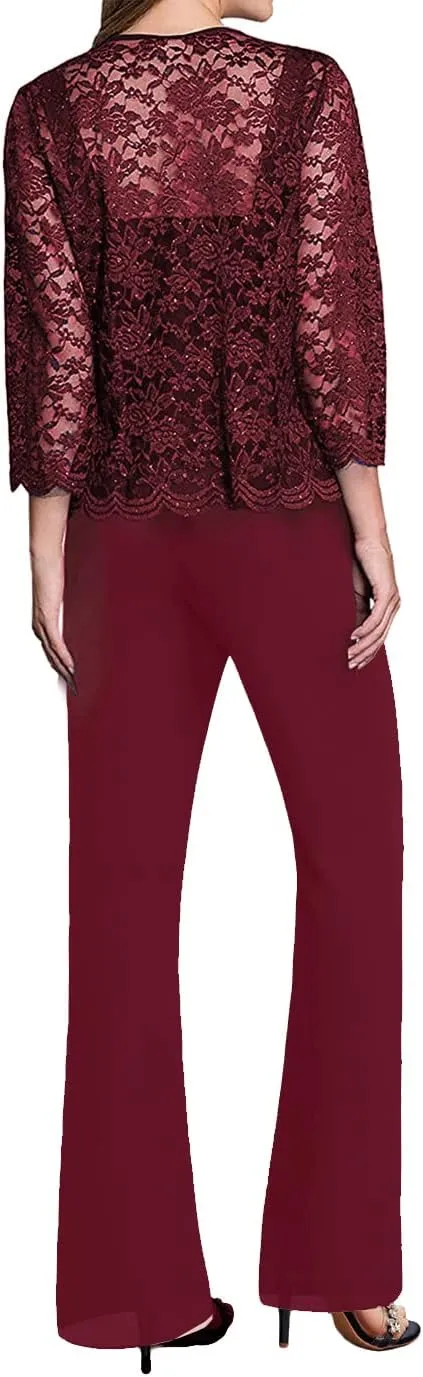 Mother of The Bride Pants Suits 3 Pieces Evening Formal Dresses for Wedding Guest Groom Dress Lace Jacket Women's