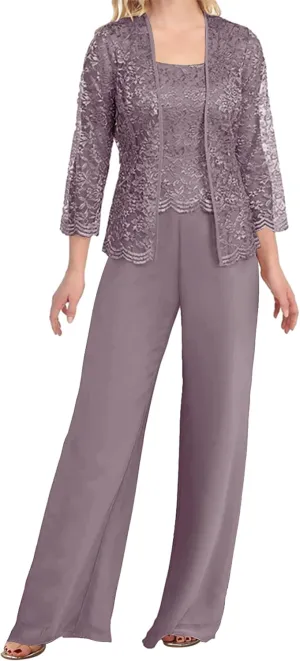 Mother of The Bride Pants Suits 3 Pieces Evening Formal Dresses for Wedding Guest Groom Dress Lace Jacket Women's