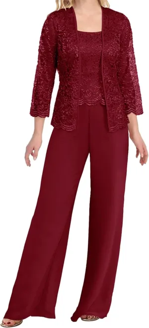 Mother of The Bride Pants Suits 3 Pieces Evening Formal Dresses for Wedding Guest Groom Dress Lace Jacket Women's