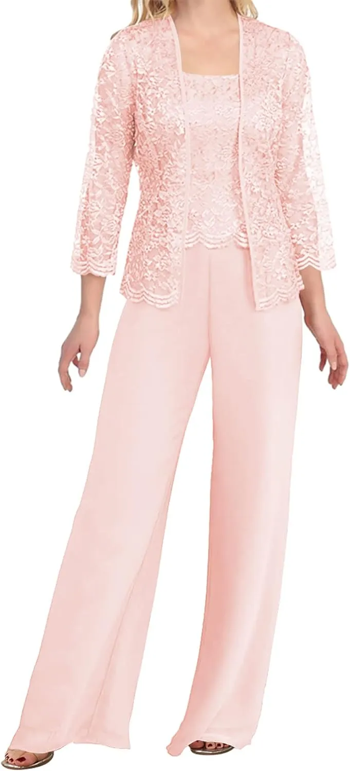 Mother of The Bride Pants Suits 3 Pieces Evening Formal Dresses for Wedding Guest Groom Dress Lace Jacket Women's