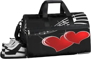 Music Note Heart Sports Gym Bag with Wet Pocket & Shoes Compartment Waterproof Workout Duffel Bag for Women and Men Weekender Overnight Duffle Bag Travel Carry-on Tote