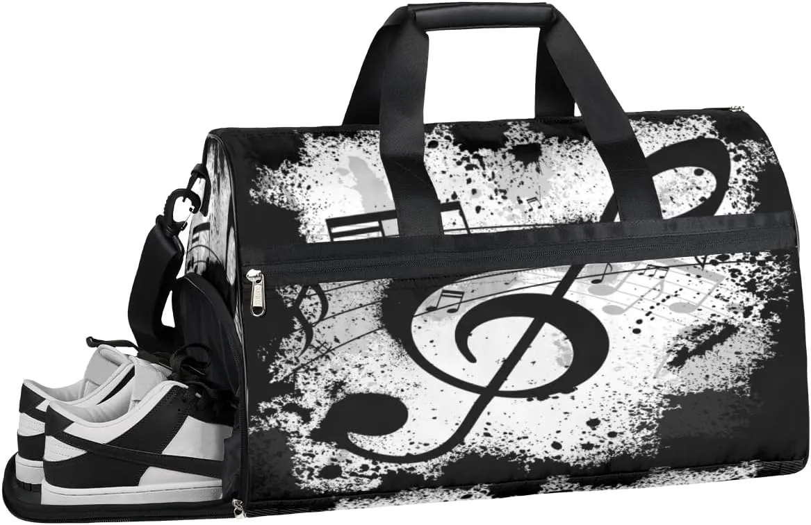 Music Notes Black Sports Gym Bag with Wet Pocket & Shoes Compartment Waterproof Workout Duffel Bag for Women and Men Weekender Overnight Duffle Bag Travel Carry-on Tote