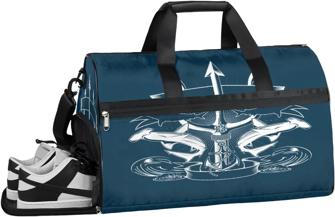 Nautical Anchor Pattern Resistant Sports Gym Bag for Women Men Travel Duffel bag with Wet Pocket & Shoes Compartment Waterproof Weekender Bag 19.7"x9.9"x13"