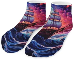 Neon Ocean Wave Boat Cute Ankle Socks 1 Pairs Low Cut No Show Sock Breathable Stocking for Men Women