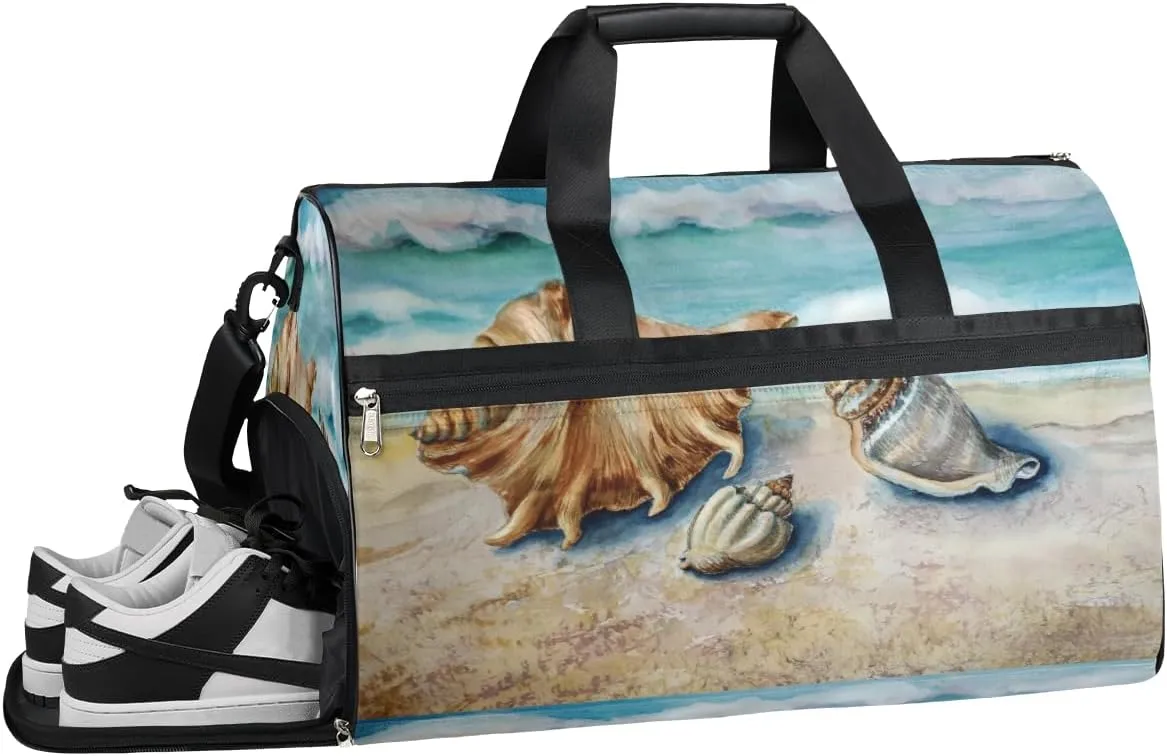 Ocean Beach Seashell Resistant Sports Gym Bag for Women Men Travel Duffel bag with Wet Pocket & Shoes Compartment Waterproof Weekender Bag 19.7"x9.9"x13"
