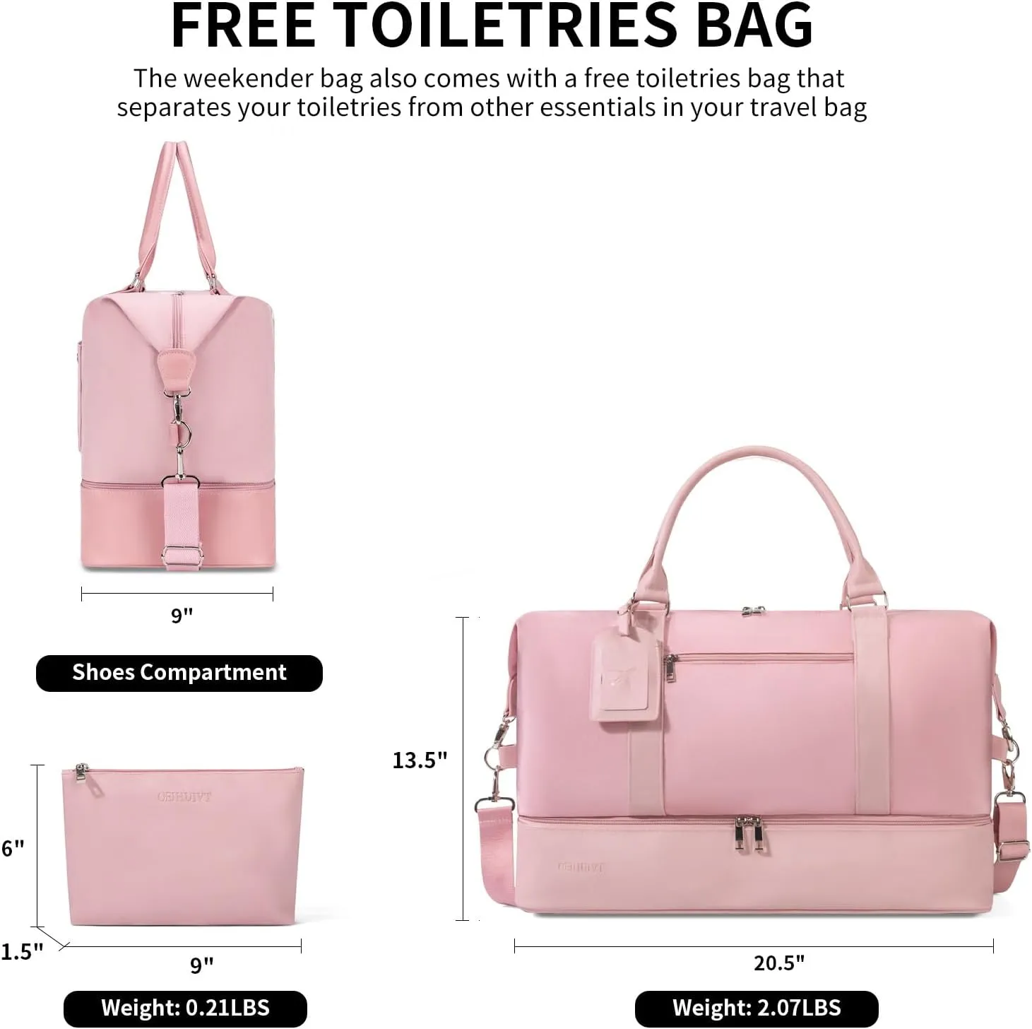 Oeihuivt Weekender Bags for Women - 21 Inch Large Travel Duffel Bag 2-Piece Set with Shoe Compartment, Heavy-Duty Canvas & Leather Carry On Overnight Tote (Airplane Approved), Pink-1, 21, A Weekend