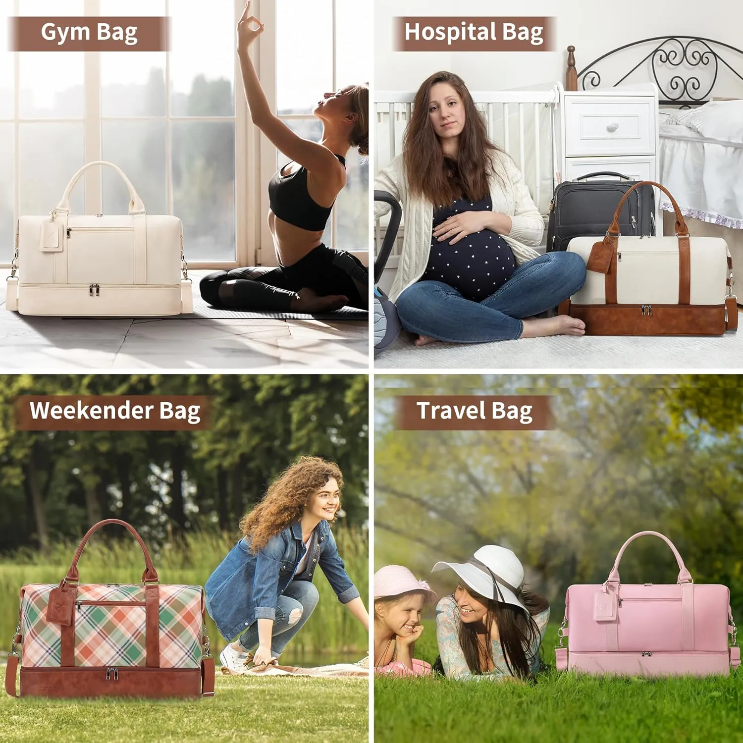 Oeihuivt Weekender Bags for Women - 21 Inch Large Travel Duffel Bag 2-Piece Set with Shoe Compartment, Heavy-Duty Canvas & Leather Carry On Overnight Tote (Airplane Approved), Pink-1, 21, A Weekend