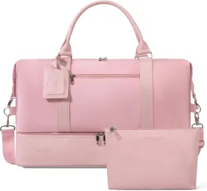 Oeihuivt Weekender Bags for Women - 21 Inch Large Travel Duffel Bag 2-Piece Set with Shoe Compartment, Heavy-Duty Canvas & Leather Carry On Overnight Tote (Airplane Approved), Pink-1, 21, A Weekend