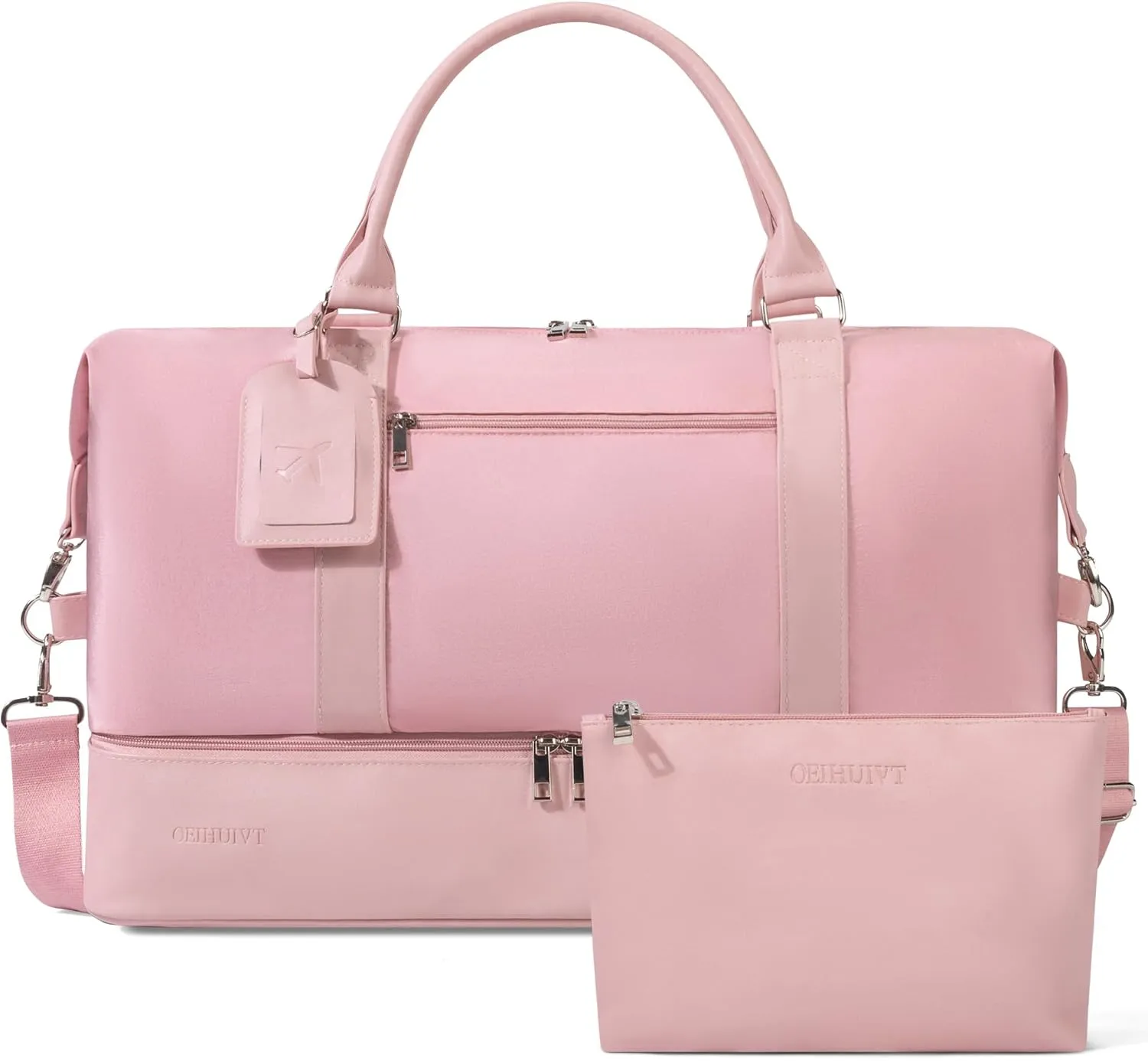 Oeihuivt Weekender Bags for Women - 21 Inch Large Travel Duffel Bag 2-Piece Set with Shoe Compartment, Heavy-Duty Canvas & Leather Carry On Overnight Tote (Airplane Approved), Pink-1, 21, A Weekend