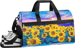 Oil Painting Of Sunflower Resistant Sports Gym Bag for Women Men Travel Duffel bag with Wet Pocket & Shoes Compartment Waterproof Weekender Bag 19.7"x9.9"x13"