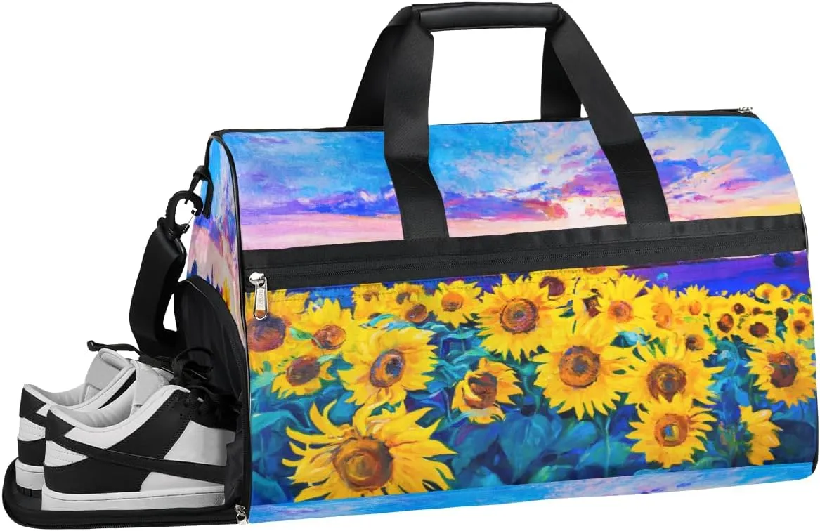 Oil Painting Of Sunflower Resistant Sports Gym Bag for Women Men Travel Duffel bag with Wet Pocket & Shoes Compartment Waterproof Weekender Bag 19.7"x9.9"x13"