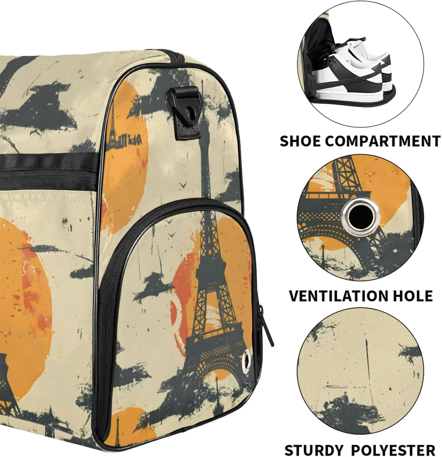 Oil Painting Style Gym Bag for Womens Mens with Shoes Compartment, Eiffel Tower Duffle Bag for Airplane Sport Gym Tote Bags Yoga Waterproof Weekender Travel Bag