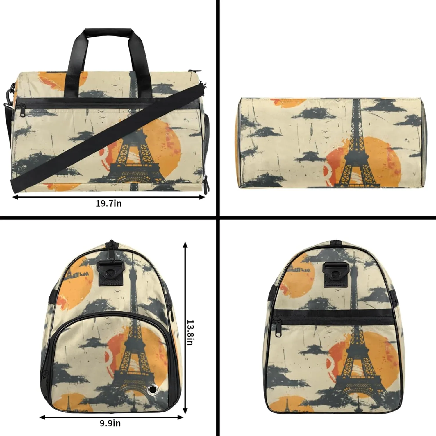 Oil Painting Style Gym Bag for Womens Mens with Shoes Compartment, Eiffel Tower Duffle Bag for Airplane Sport Gym Tote Bags Yoga Waterproof Weekender Travel Bag