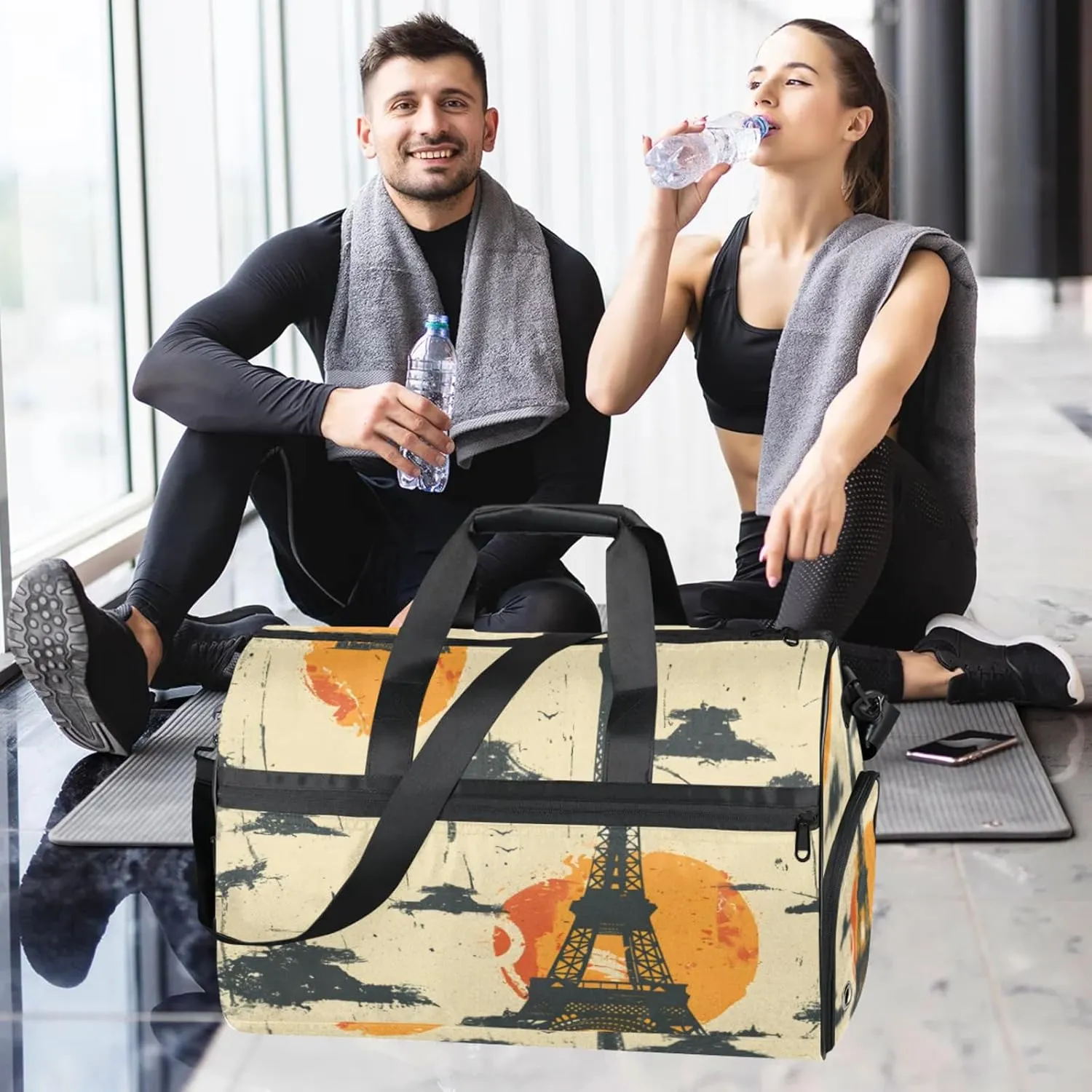 Oil Painting Style Gym Bag for Womens Mens with Shoes Compartment, Eiffel Tower Duffle Bag for Airplane Sport Gym Tote Bags Yoga Waterproof Weekender Travel Bag