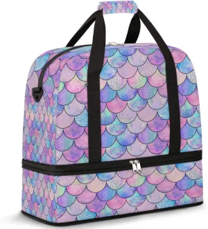 Ombre Multicolor Mermaid Scales Foldable Travel Duffel Bag Tote Carry on Luggage Sport Duffle for Women Men Gym Bag Overnight Weekender Bags with Shoe Compartments and Shoulder Strap
