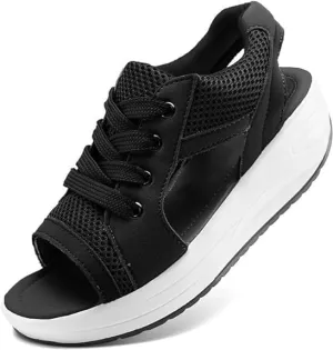 Open Toe Tennis Shoes, Contrast Paneled Cutout Lace-Up Muffin Sandals, Women Causal Summer Toe Platform Sneaker Sandals