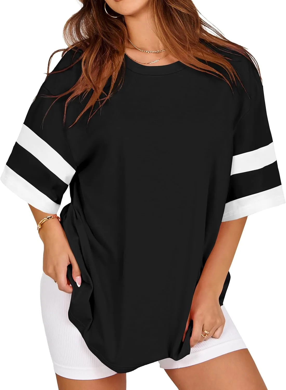 Oversized Tshirts for Women Summer Round Neck Striped Loose Tee Tops