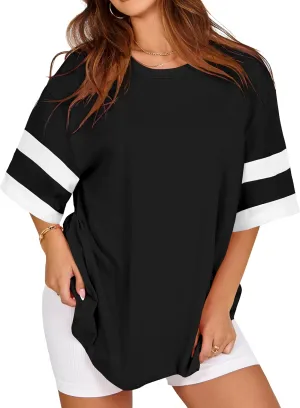 Oversized Tshirts for Women Summer Round Neck Striped Loose Tee Tops
