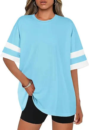 Oversized Tshirts for Women Summer Round Neck Striped Loose Tee Tops