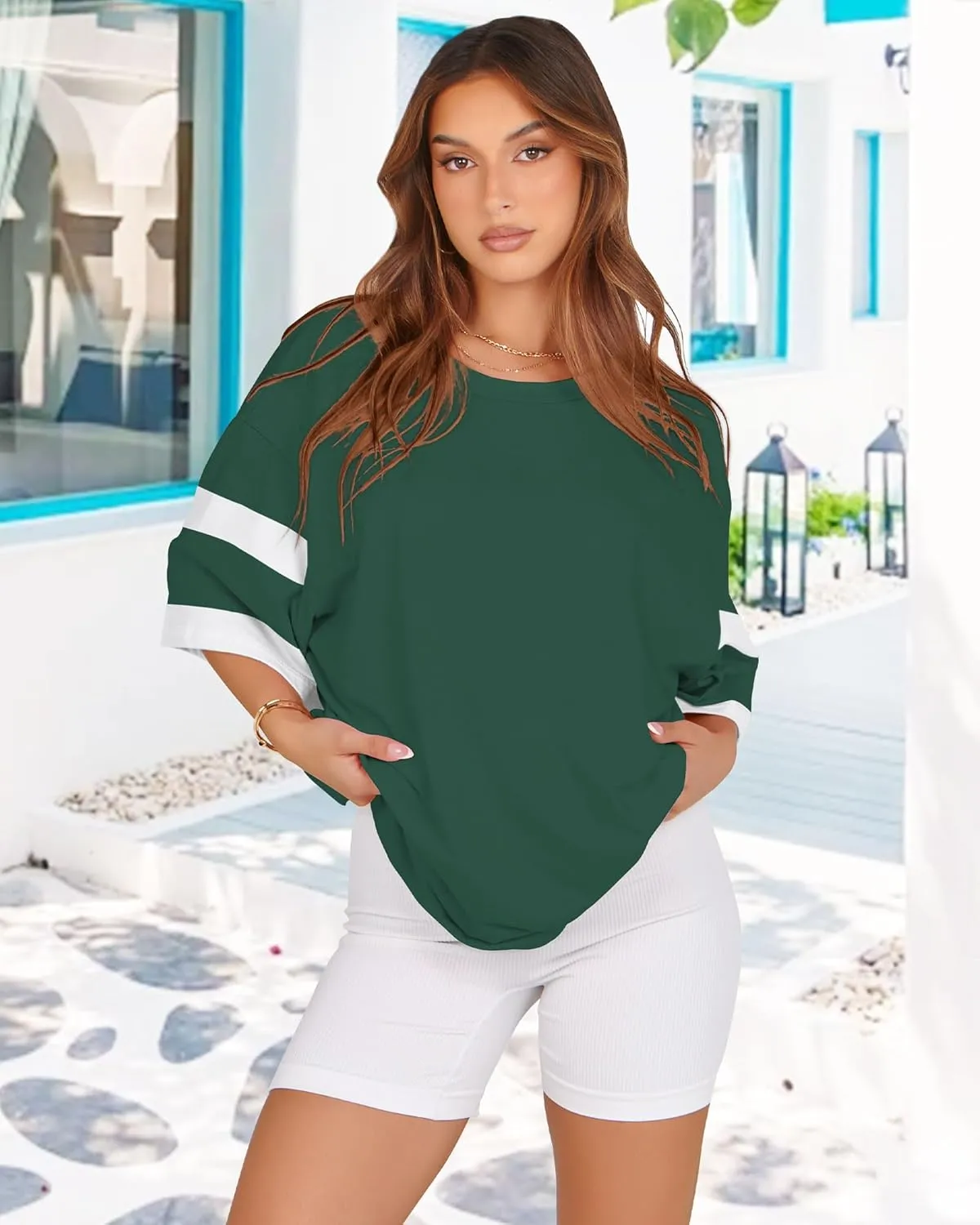 Oversized Tshirts for Women Summer Round Neck Striped Loose Tee Tops