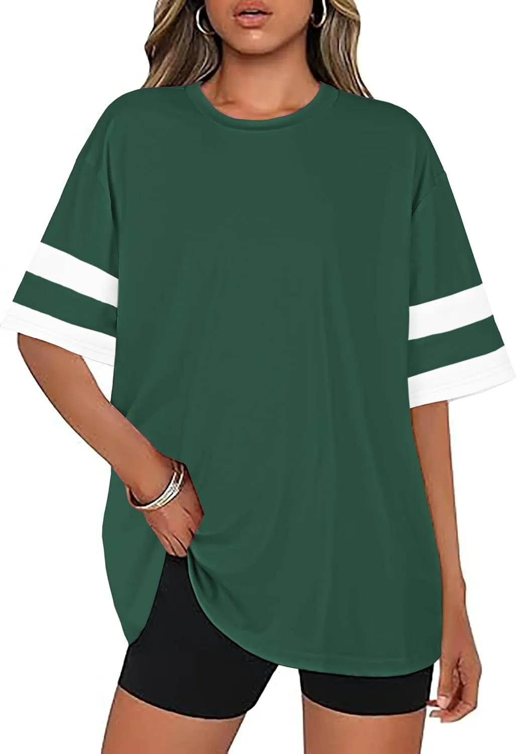 Oversized Tshirts for Women Summer Round Neck Striped Loose Tee Tops
