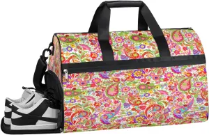 Paisley Boho Flower Sports Gym Bag for Women and Men Travel Duffel Bag Overnight Shoulder Bag Waterproof Workout Bag Portable Sports Tote with Shoes Compartment