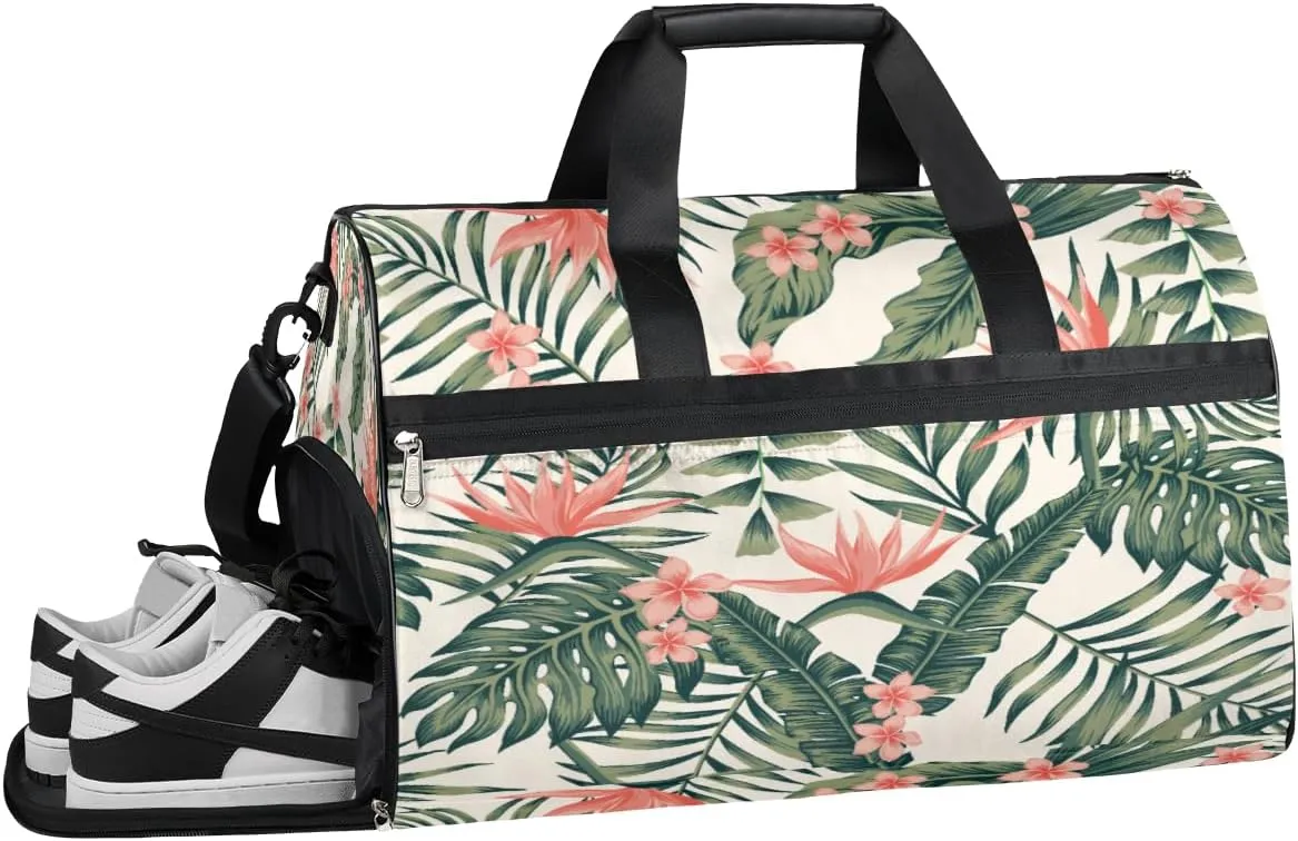 Palm Tree Leaves Flower Resistant Sports Gym Bag for Women Men Travel Duffel bag with Wet Pocket & Shoes Compartment Waterproof Weekender Bag 19.7"x9.9"x13"