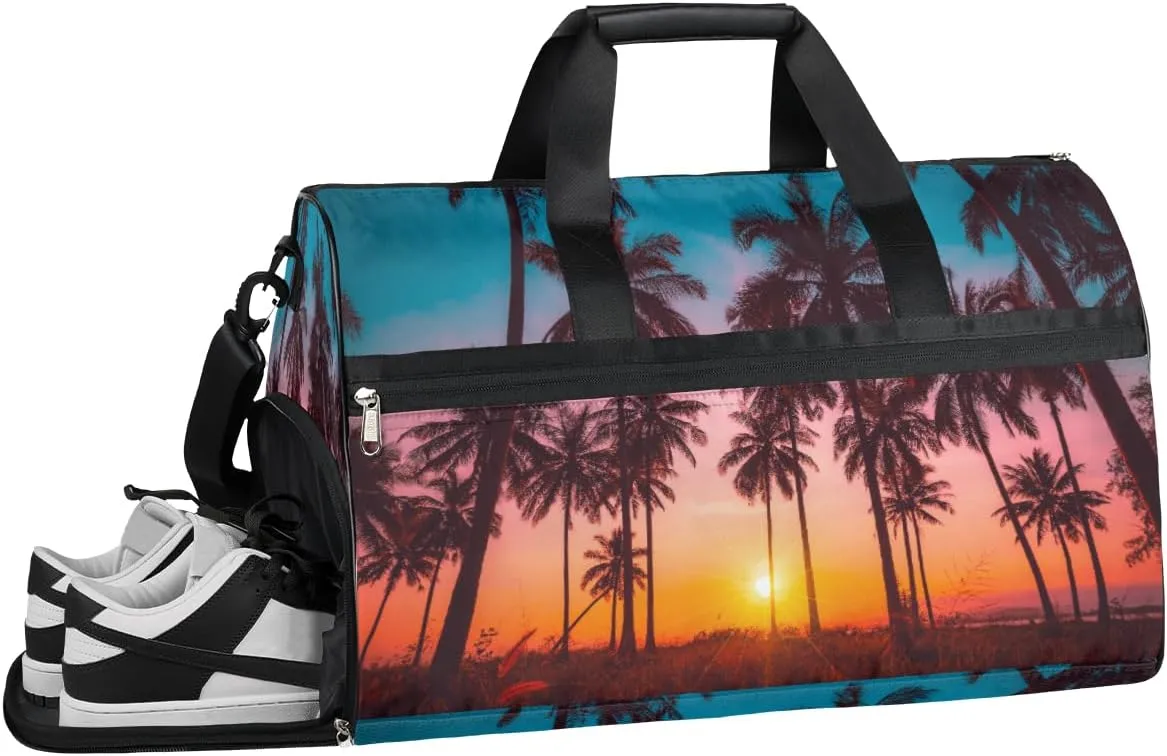 Palm Tree Sunset Resistant Sports Gym Bag for Women Men Travel Duffel bag with Wet Pocket & Shoes Compartment Waterproof Weekender Bag 19.7"x9.9"x13"