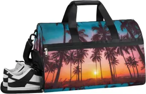 Palm Tree Sunset Resistant Sports Gym Bag for Women Men Travel Duffel bag with Wet Pocket & Shoes Compartment Waterproof Weekender Bag 19.7"x9.9"x13"